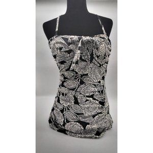 Vintage Plus Size Womans Black and White One Piece Halter Swimsuit Floral 18